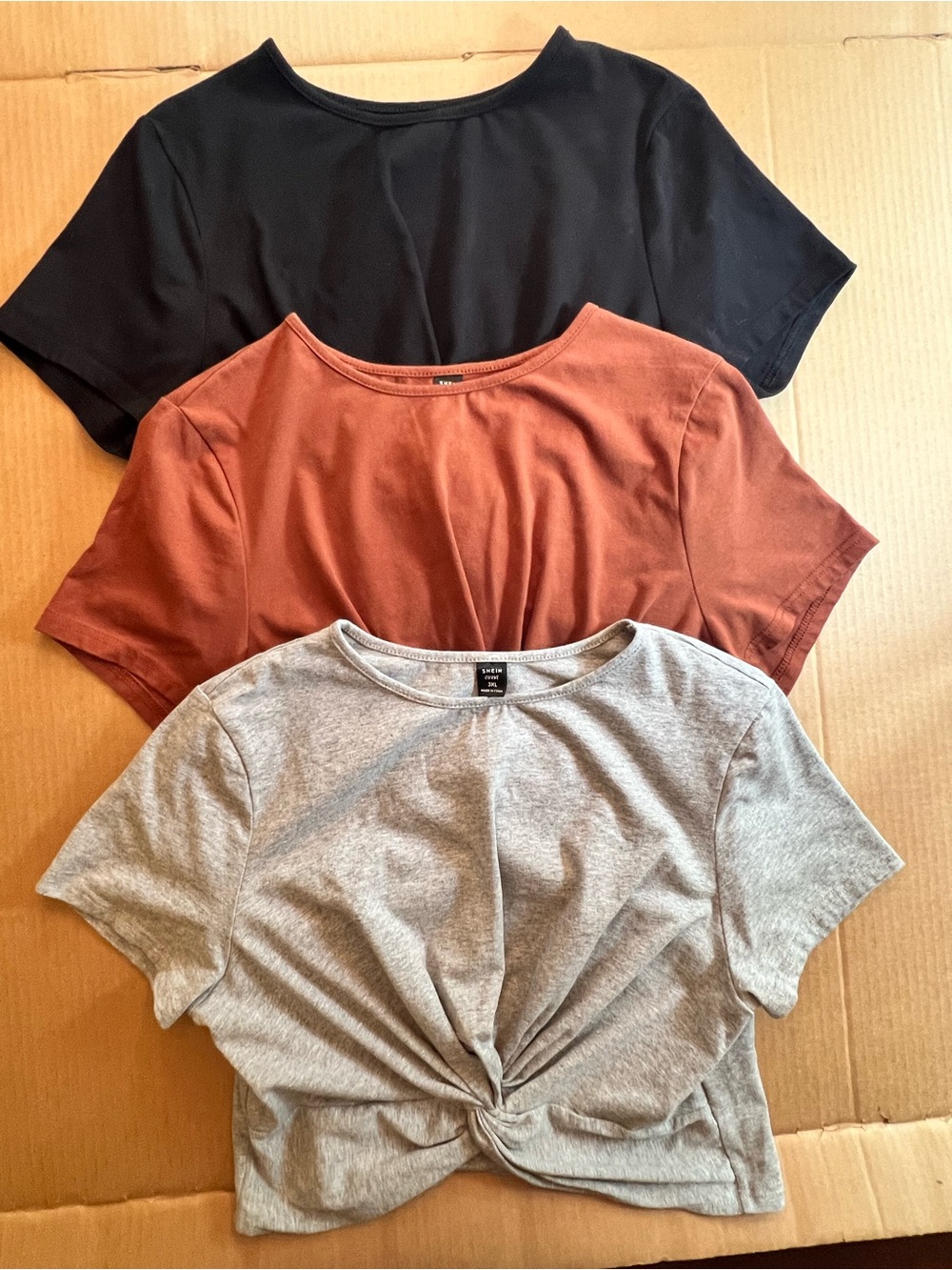 SHEIN Short Sleeve Twist-Front Crop Tee - Black, Rust, Gray